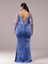 Plus Blue Corset Embroidered Split Prom Dress